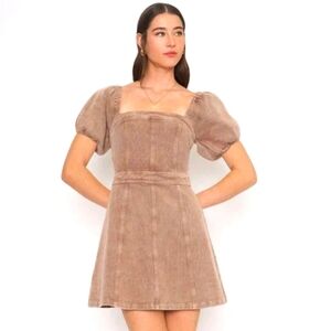 Dee Elly Mocha Puff Sleeve Denim Dress By Vici Collection